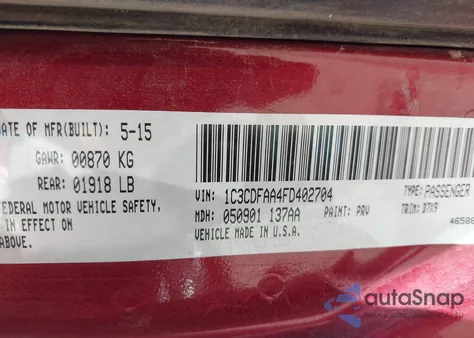 2015 Dodge Dart Se z USA, uszkodzony, nr VIN 1C3CDFAA4FD402704